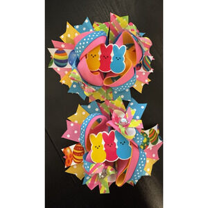 2 Handmade Easter Bunny Peeps Hair Bow; Girls Bow;Layered OTT Easter Bow